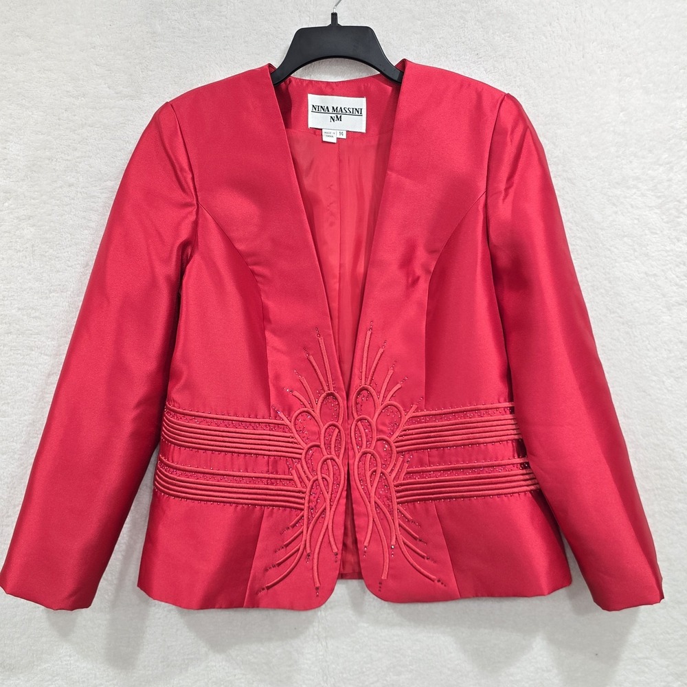 Nina Massini Women's Red Blazer Rhinestone Embroidered Church Jacket Size 14